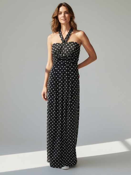 Just For Wraps Dresses & Skirts - JFW Polka Dot Strapless Halter Maxi Dress Black w/ White Polka Dots Pockets W L
